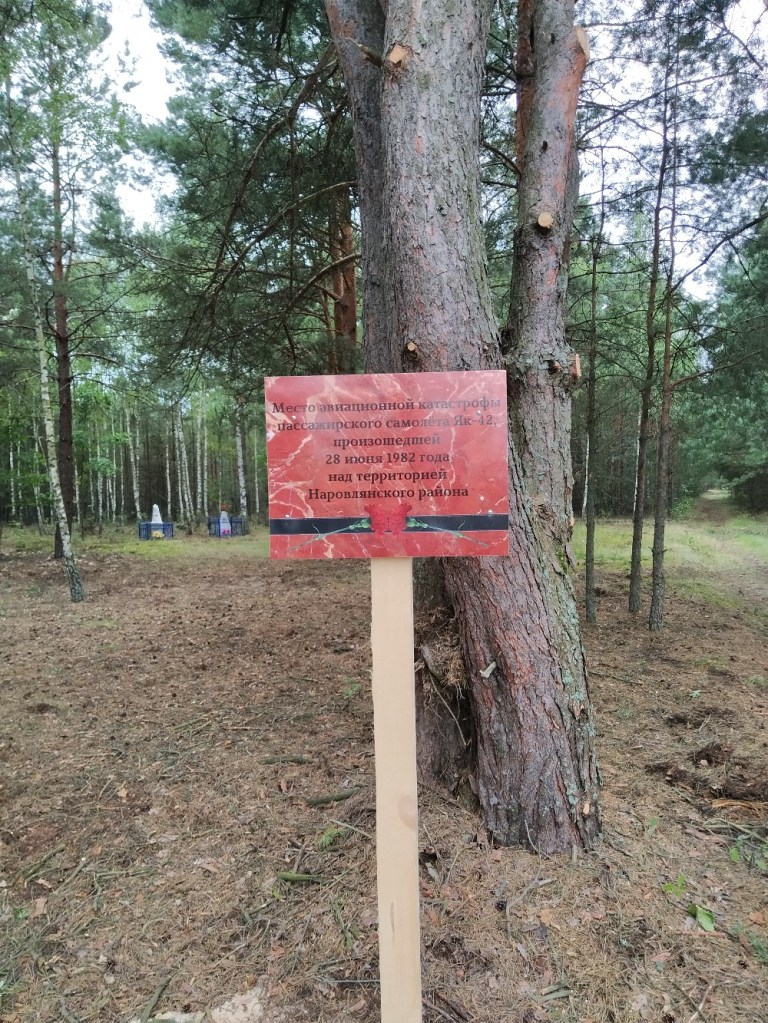 Дерев'яний знак, що вказує місце катастрофи пасажирського літака ЯК-42, що сталася 28 червня 1982 року, на території Наровлянського району.