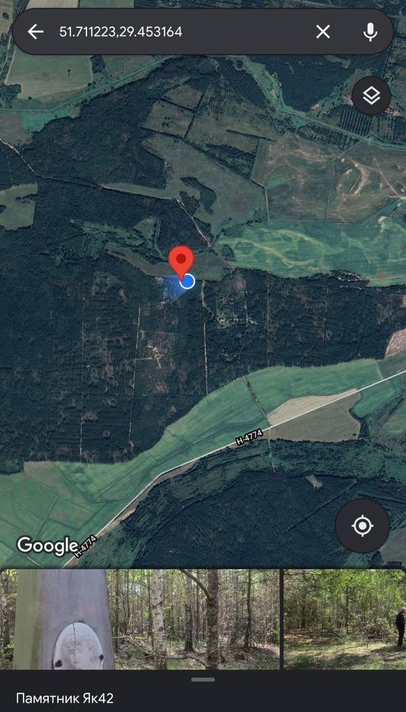 Супутникове зображення з маркером місця, позначене червоним, на лісовій території поблизу дороги H-4714.